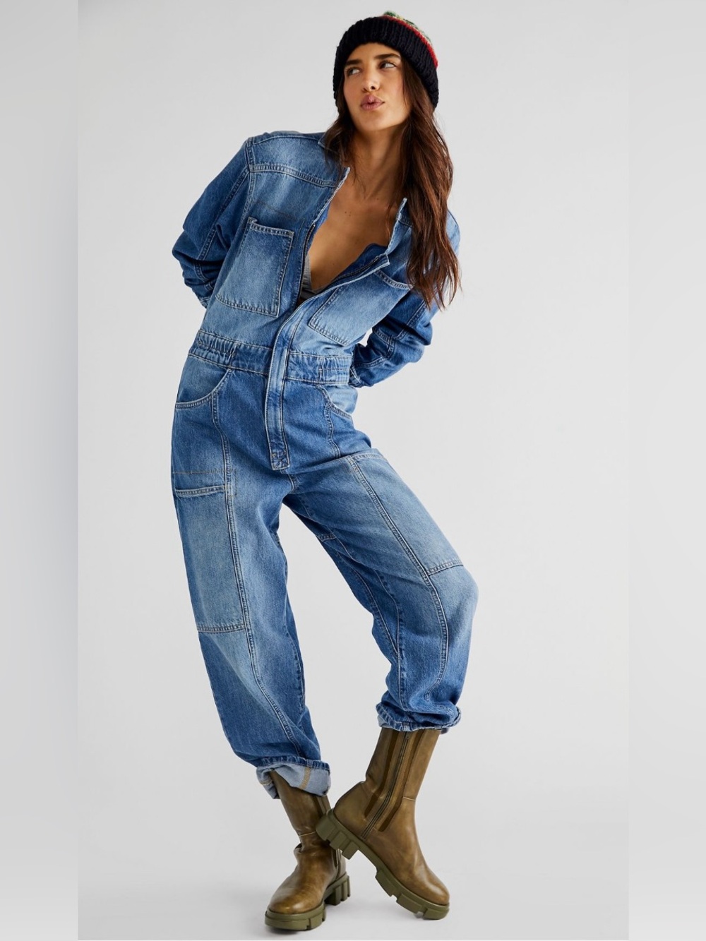 FREE PEOPLE We the Free NIGHT MOVES Denim JUMPSUIT SZ S NWOT TAHITI BLUE